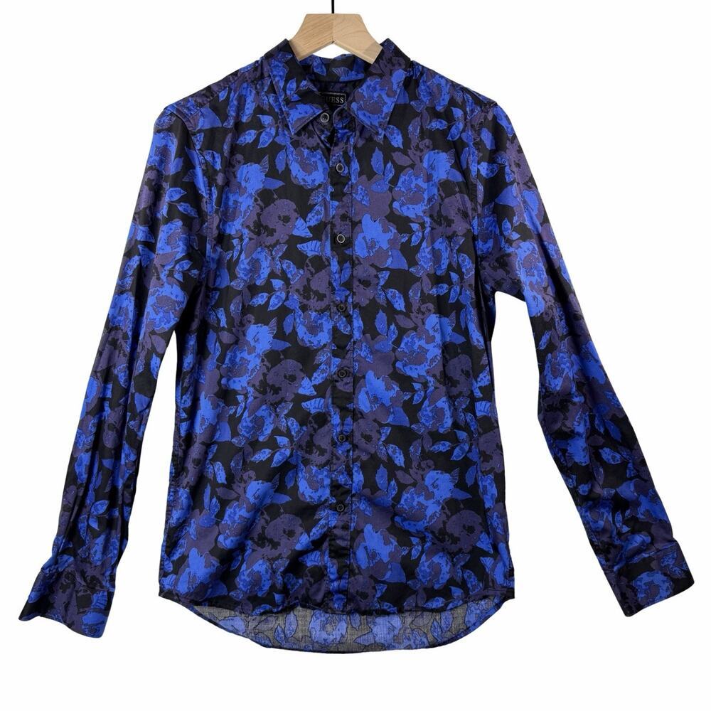 Guess Blue Floral Cotton Blend Long Sleeve Button-Up Shirt Men's M Spring Summer